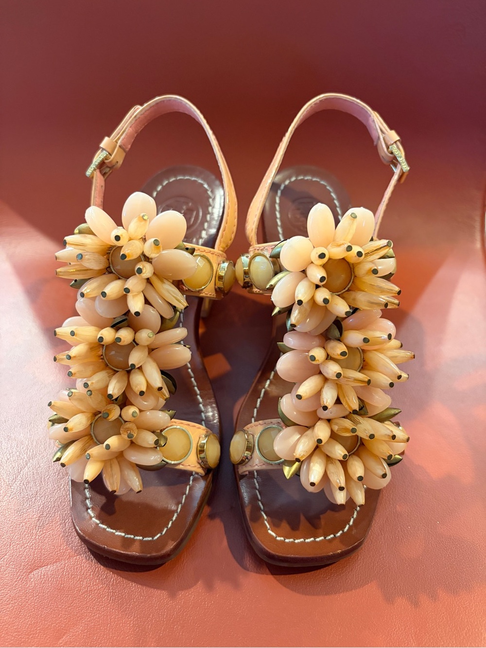 Tory Burch Peach Floral Beaded T-Strap Sandals